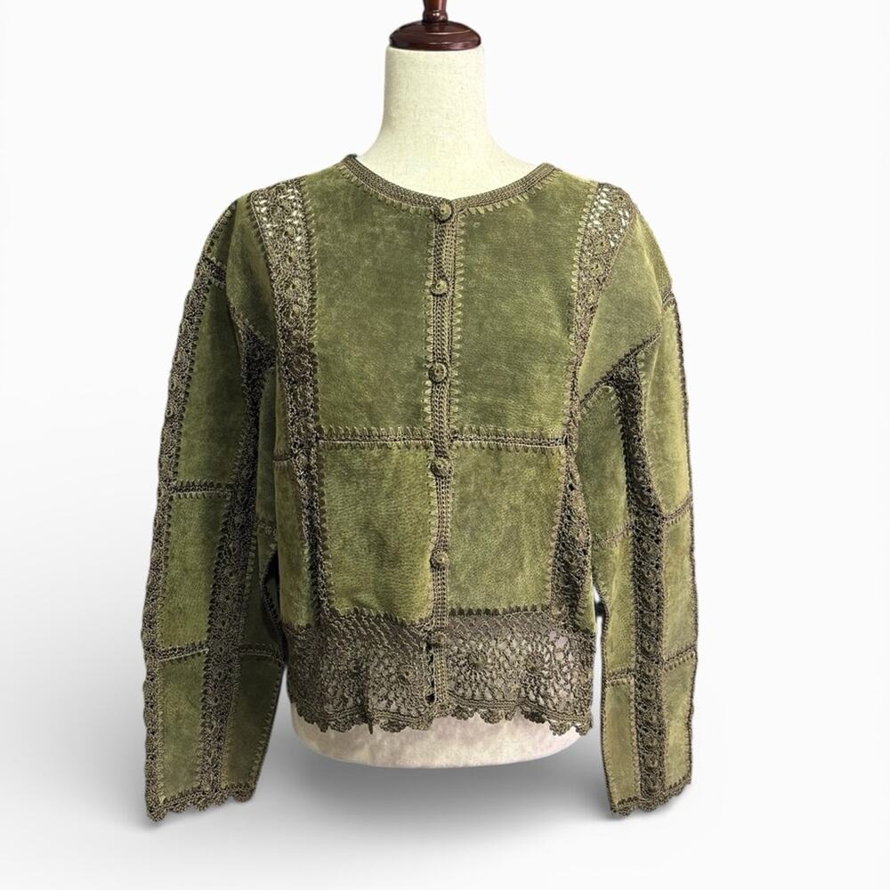 Vintage SMH Olive Leather Jacket with Crochet Trim Size Large C2